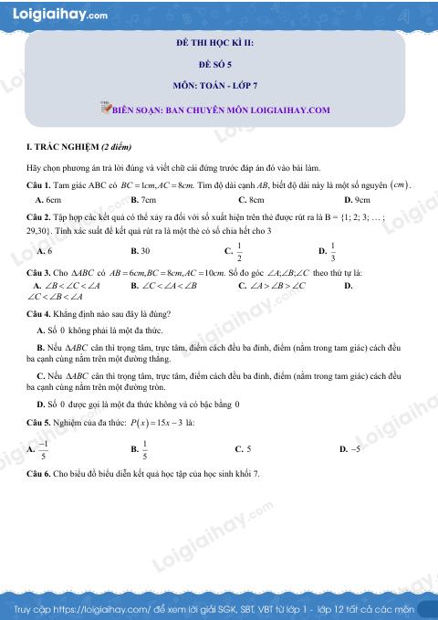 Đề thi học kì 2 Toán 7 - Đề số 5 - Cánh diều